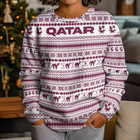 Qatar Christmas Kid Ugly Christmas Sweater with Maroon-White Pattern, National Emblem, and Camel Motif - Wonder Print Shop