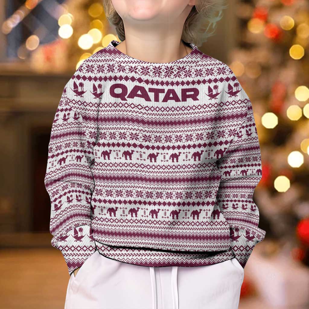 Qatar Christmas Kid Ugly Christmas Sweater with Maroon-White Pattern, National Emblem, and Camel Motif - Wonder Print Shop