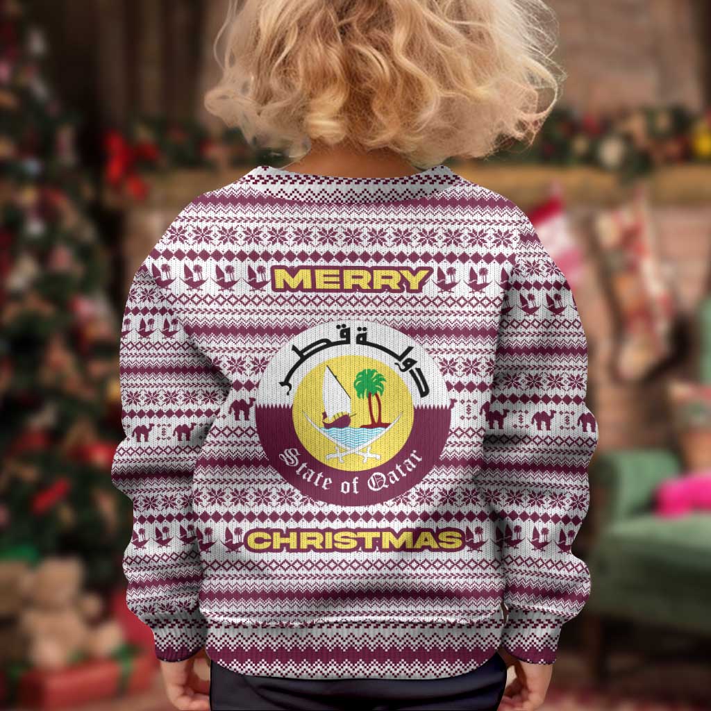 Qatar Christmas Kid Ugly Christmas Sweater with Maroon-White Pattern, National Emblem, and Camel Motif - Wonder Print Shop