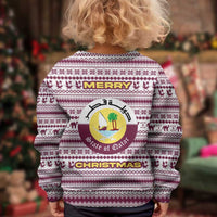 Qatar Christmas Kid Ugly Christmas Sweater with Maroon-White Pattern, National Emblem, and Camel Motif - Wonder Print Shop