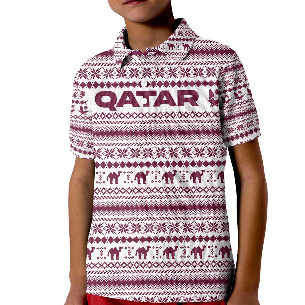 Qatar Christmas Kid Polo Shirt with Maroon-White Pattern, National Emblem, and Camel Motif - Wonder Print Shop