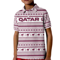 Qatar Christmas Kid Polo Shirt with Maroon-White Pattern, National Emblem, and Camel Motif - Wonder Print Shop