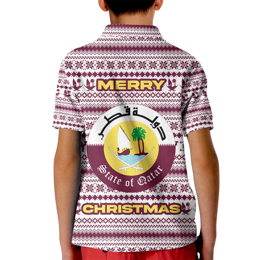 Qatar Christmas Kid Polo Shirt with Maroon-White Pattern, National Emblem, and Camel Motif - Wonder Print Shop