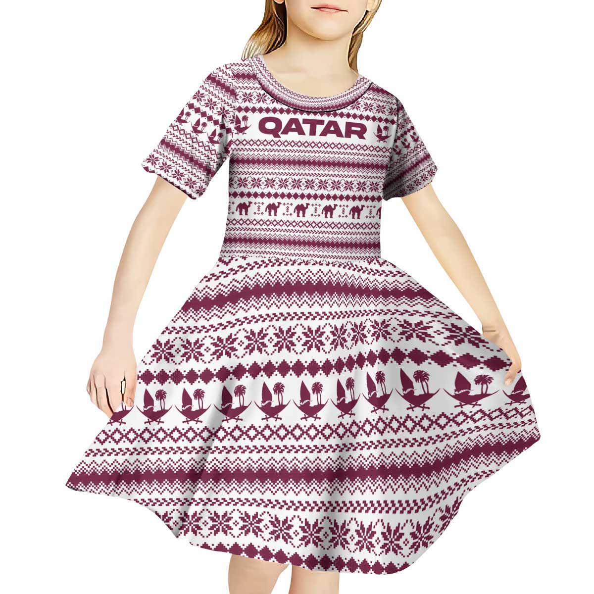 Qatar Christmas Kid Short Sleeve Dress with Maroon-White Pattern, National Emblem, and Camel Motif - Wonder Print Shop