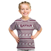 Qatar Christmas Kid T Shirt with Maroon-White Pattern, National Emblem, and Camel Motif - Wonder Print Shop