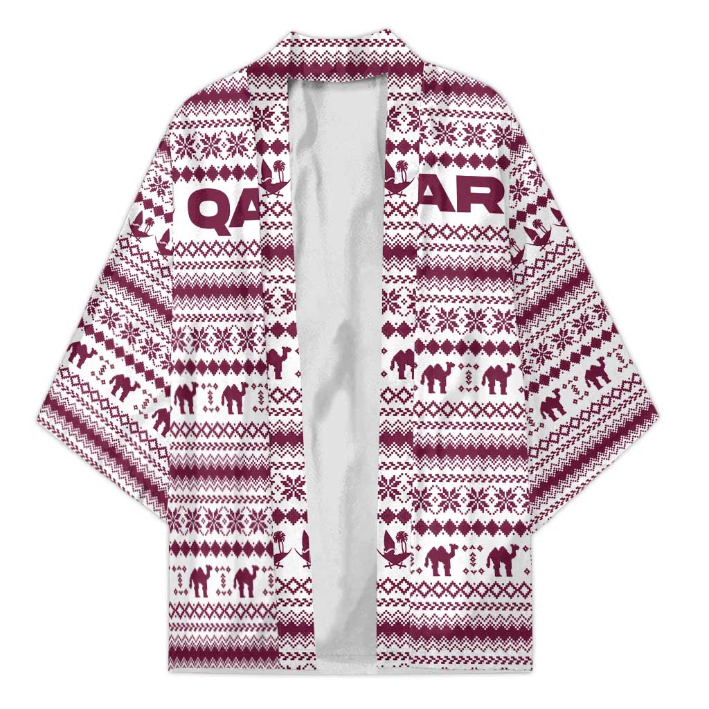 Qatar Christmas Kimono with Maroon-White Pattern, National Emblem, and Camel Motif - Wonder Print Shop