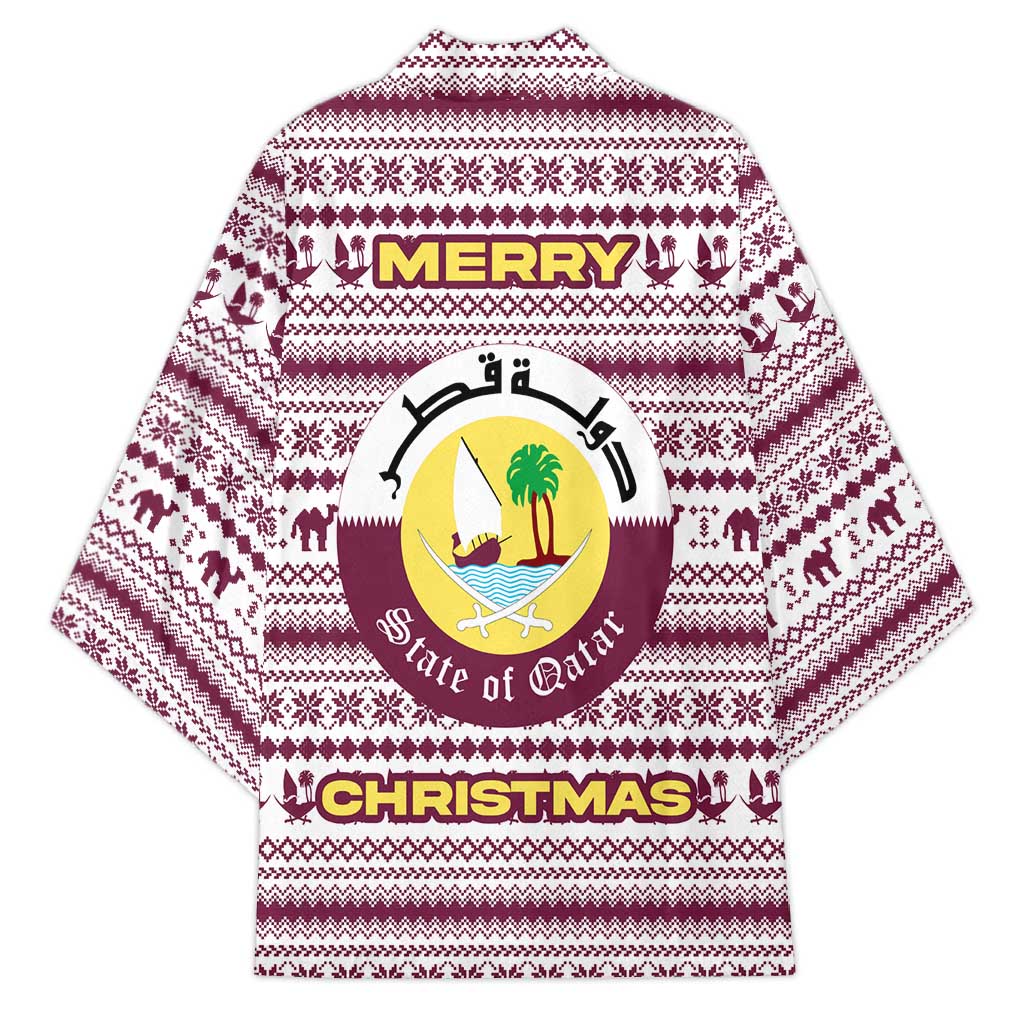 Qatar Christmas Kimono with Maroon-White Pattern, National Emblem, and Camel Motif - Wonder Print Shop
