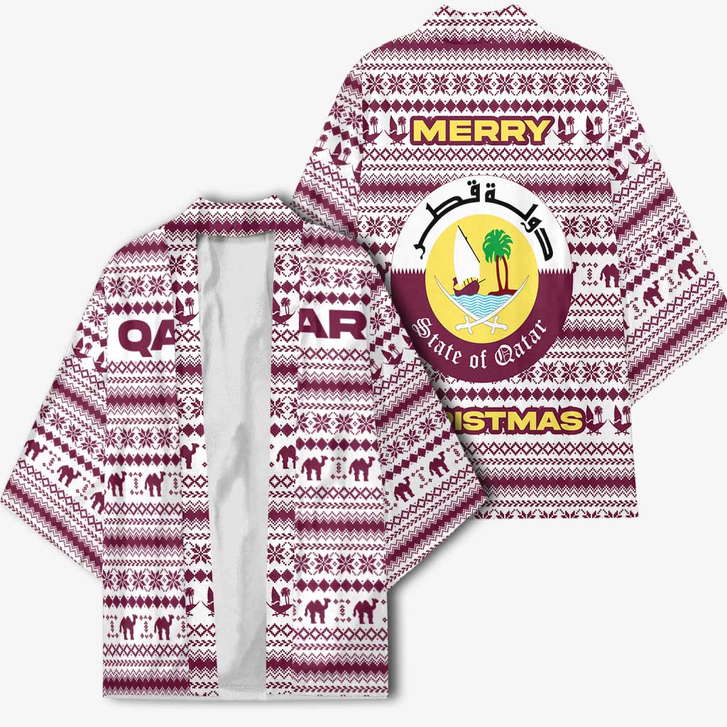 Qatar Christmas Kimono with Maroon-White Pattern, National Emblem, and Camel Motif - Wonder Print Shop