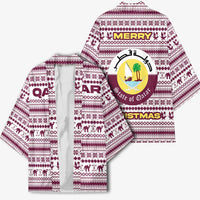 Qatar Christmas Kimono with Maroon-White Pattern, National Emblem, and Camel Motif - Wonder Print Shop