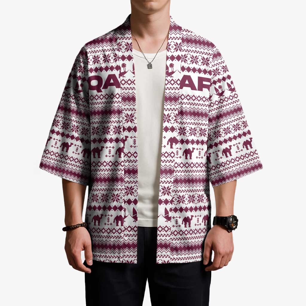 Qatar Christmas Kimono with Maroon-White Pattern, National Emblem, and Camel Motif - Wonder Print Shop