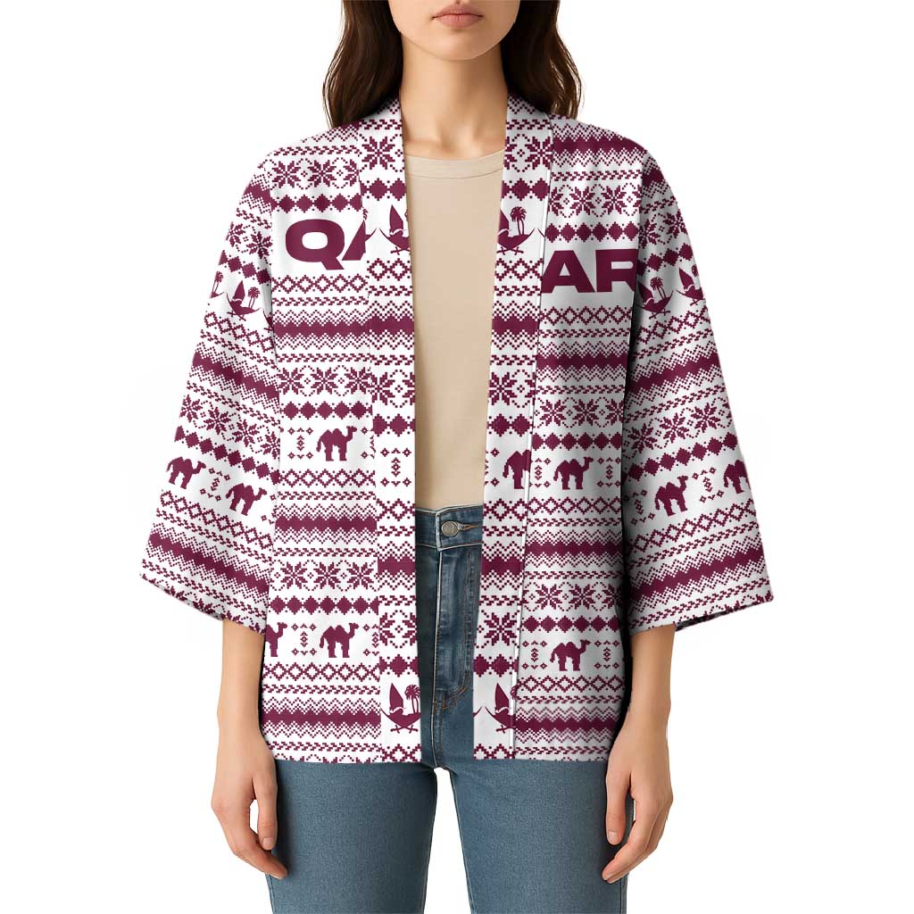 Qatar Christmas Kimono with Maroon-White Pattern, National Emblem, and Camel Motif - Wonder Print Shop