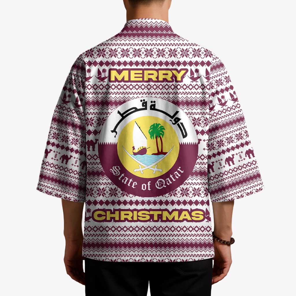 Qatar Christmas Kimono with Maroon-White Pattern, National Emblem, and Camel Motif - Wonder Print Shop
