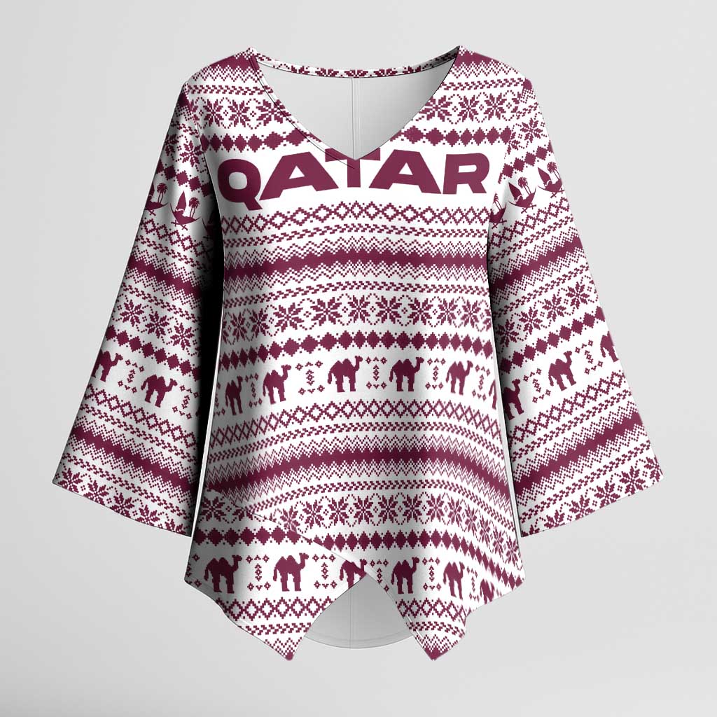 Qatar Christmas Kimono Sleeve Blouse with Maroon-White Pattern, National Emblem, and Camel Motif - Wonder Print Shop