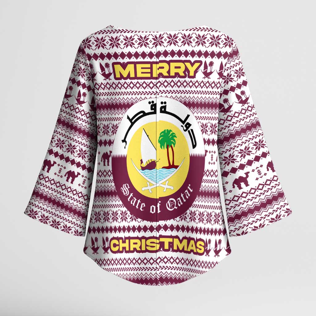 Qatar Christmas Kimono Sleeve Blouse with Maroon-White Pattern, National Emblem, and Camel Motif - Wonder Print Shop
