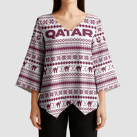 Qatar Christmas Kimono Sleeve Blouse with Maroon-White Pattern, National Emblem, and Camel Motif - Wonder Print Shop