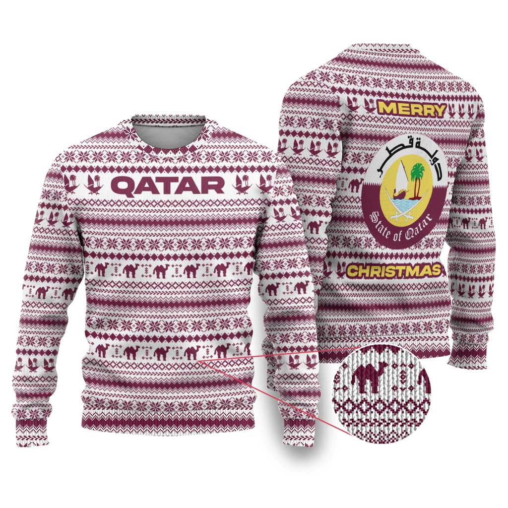 Qatar Christmas Ugly Christmas Sweater with Maroon-White Pattern, National Emblem, and Camel Motif - Wonder Print Shop