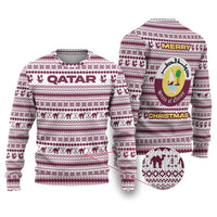 Qatar Christmas Ugly Christmas Sweater with Maroon-White Pattern, National Emblem, and Camel Motif - Wonder Print Shop