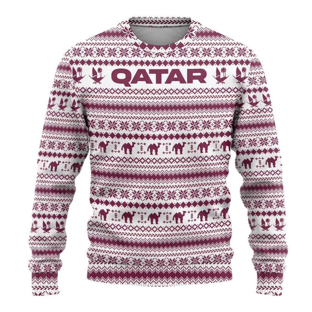 Qatar Christmas Ugly Christmas Sweater with Maroon-White Pattern, National Emblem, and Camel Motif - Wonder Print Shop