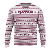 Qatar Christmas Ugly Christmas Sweater with Maroon-White Pattern, National Emblem, and Camel Motif - Wonder Print Shop