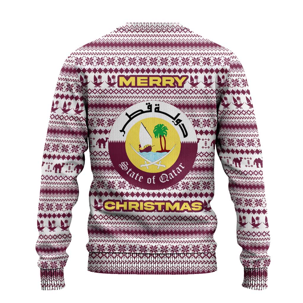 Qatar Christmas Ugly Christmas Sweater with Maroon-White Pattern, National Emblem, and Camel Motif - Wonder Print Shop