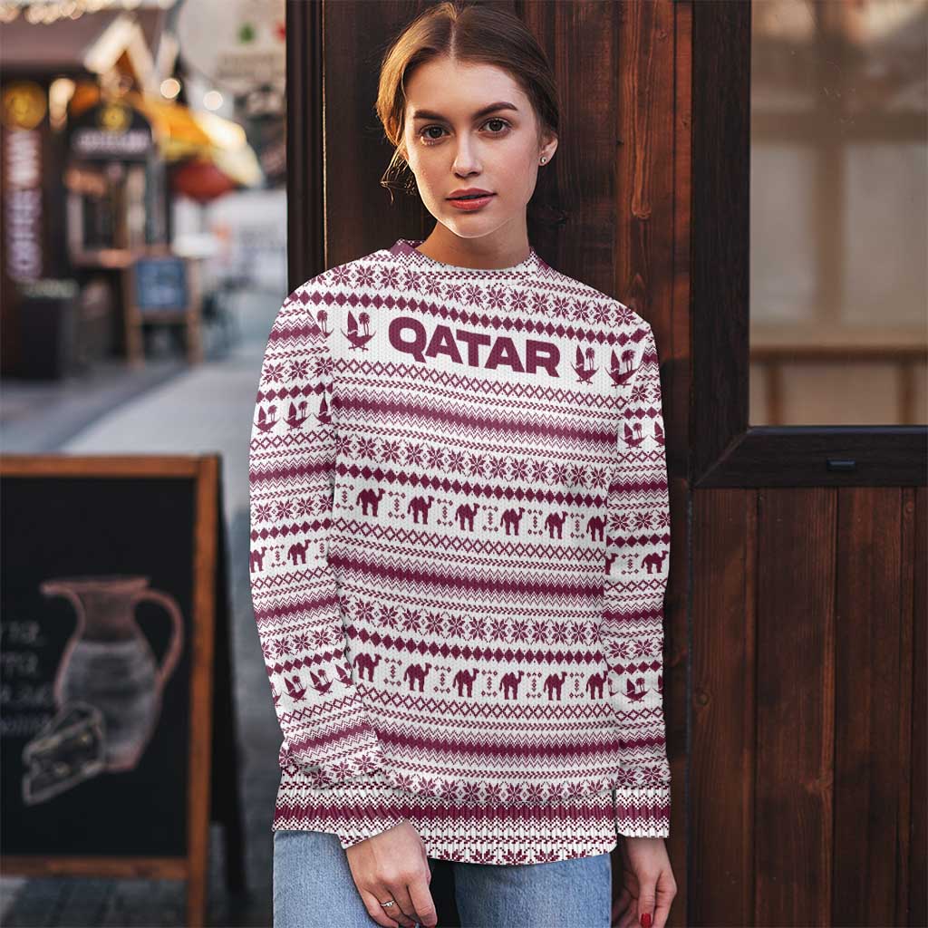 Qatar Christmas Ugly Christmas Sweater with Maroon-White Pattern, National Emblem, and Camel Motif - Wonder Print Shop