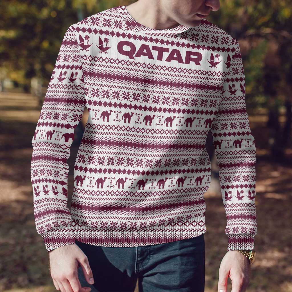 Qatar Christmas Ugly Christmas Sweater with Maroon-White Pattern, National Emblem, and Camel Motif - Wonder Print Shop