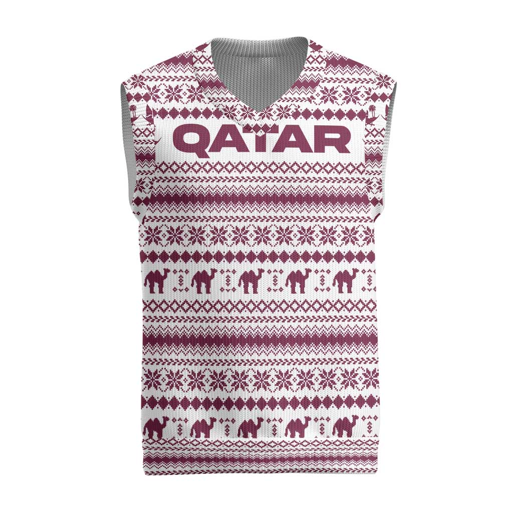 Qatar Christmas Knitted V-Neck Vest with Maroon-White Pattern, National Emblem, and Camel Motif - Wonder Print Shop