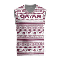Qatar Christmas Knitted V-Neck Vest with Maroon-White Pattern, National Emblem, and Camel Motif - Wonder Print Shop