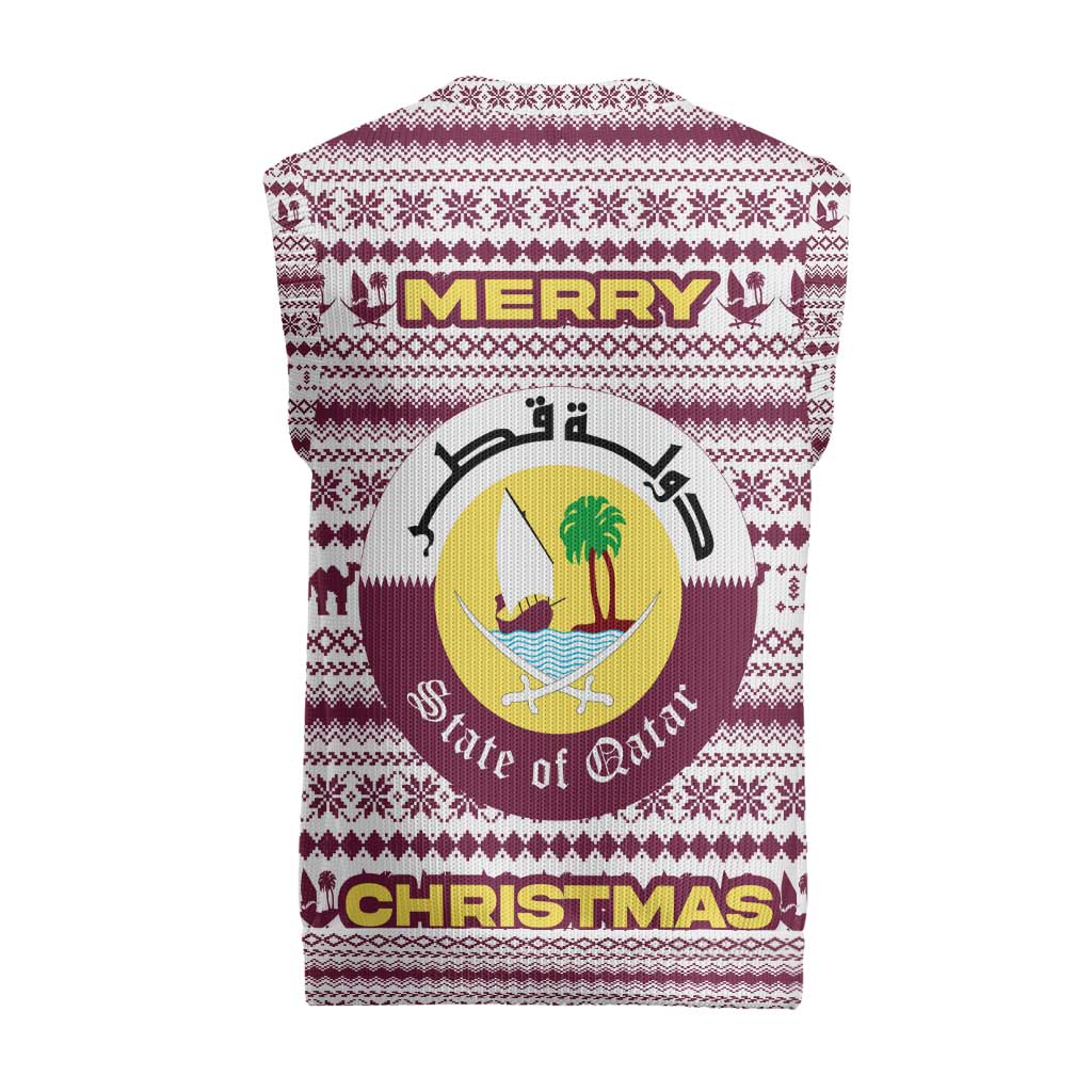 Qatar Christmas Knitted V-Neck Vest with Maroon-White Pattern, National Emblem, and Camel Motif - Wonder Print Shop