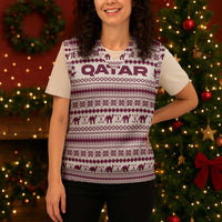Qatar Christmas Knitted V-Neck Vest with Maroon-White Pattern, National Emblem, and Camel Motif - Wonder Print Shop