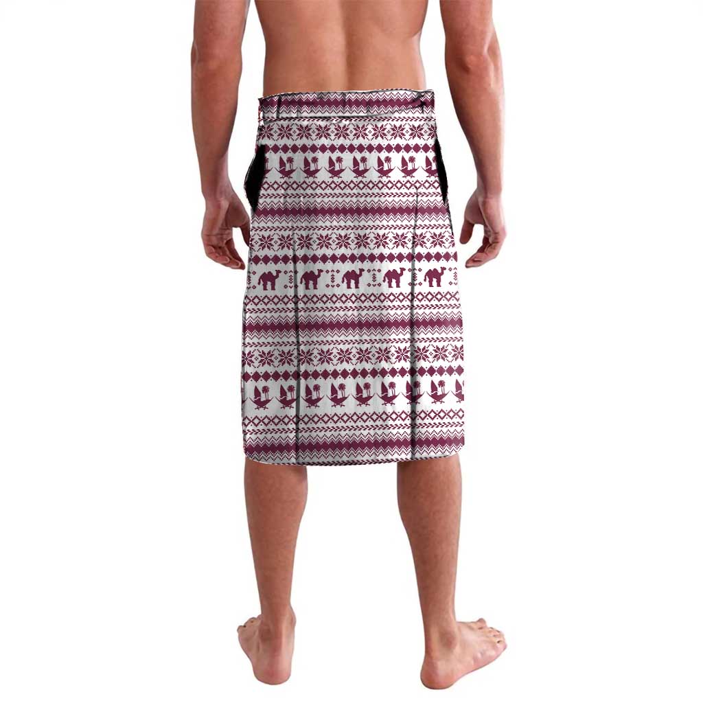Qatar Christmas Lavalava with Maroon-White Pattern, National Emblem, and Camel Motif - Wonder Print Shop
