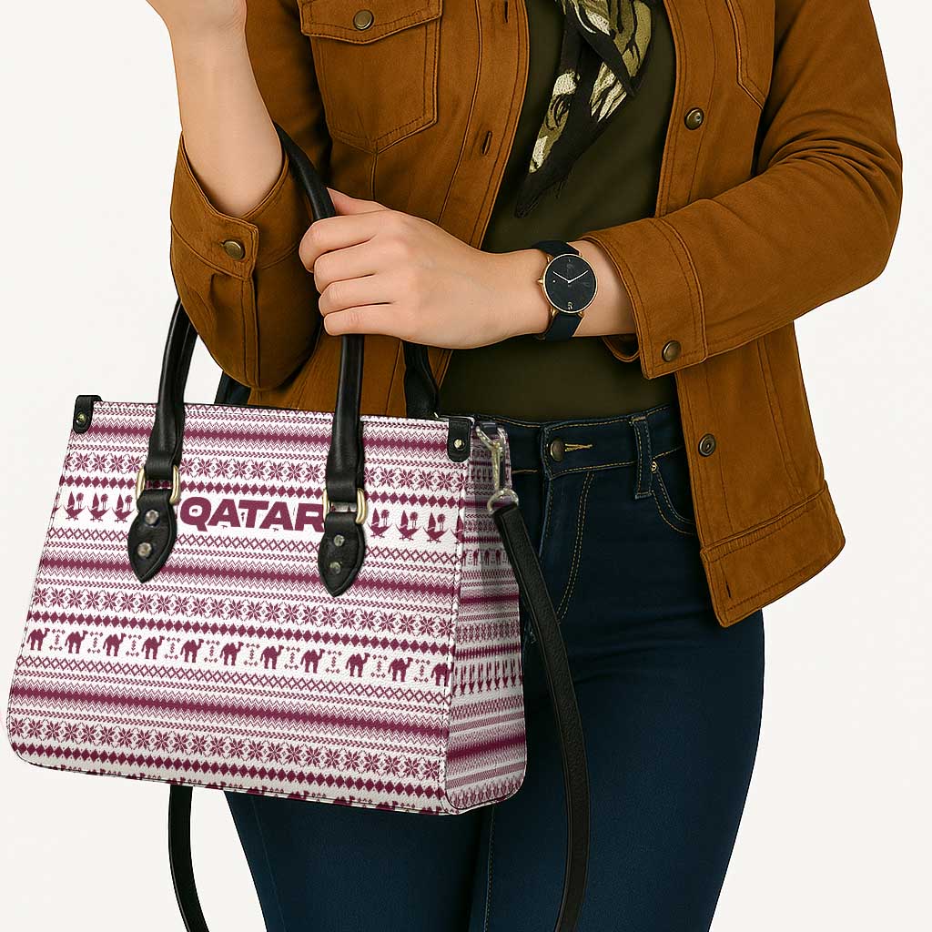 Qatar Christmas Leather Bag with Maroon-White Pattern, National Emblem, and Camel Motif - Wonder Print Shop