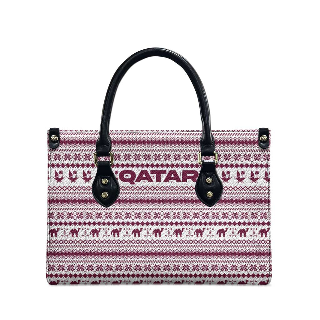 Qatar Christmas Leather Bag with Maroon-White Pattern, National Emblem, and Camel Motif - Wonder Print Shop