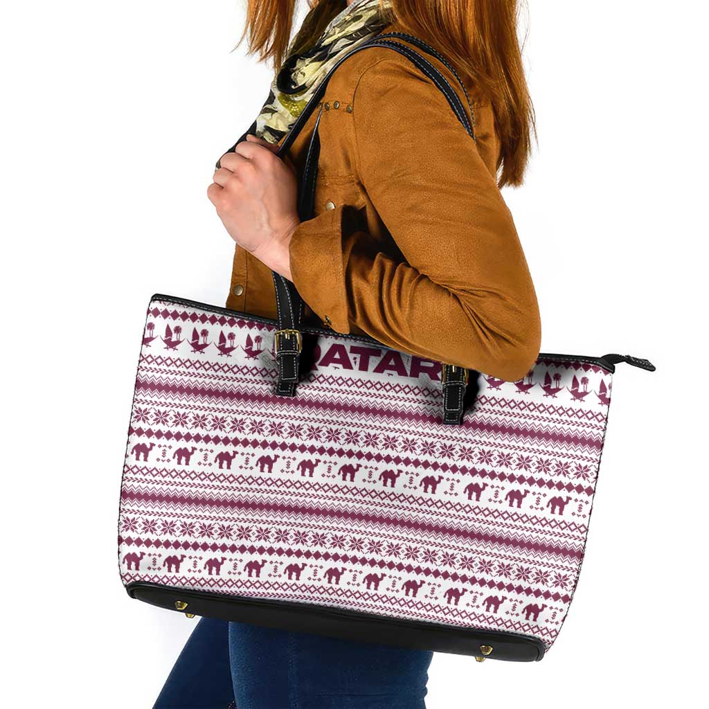 Qatar Christmas Leather Tote Bag with Maroon-White Pattern, National Emblem, and Camel Motif - Wonder Print Shop