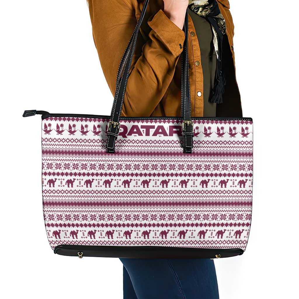 Qatar Christmas Leather Tote Bag with Maroon-White Pattern, National Emblem, and Camel Motif - Wonder Print Shop