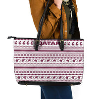 Qatar Christmas Leather Tote Bag with Maroon-White Pattern, National Emblem, and Camel Motif - Wonder Print Shop