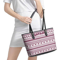 Qatar Christmas Leather Tote Bag with Maroon-White Pattern, National Emblem, and Camel Motif - Wonder Print Shop