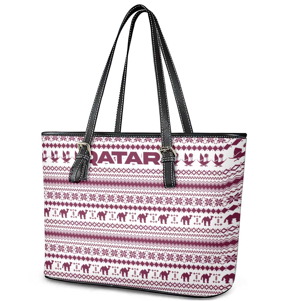 Qatar Christmas Leather Tote Bag with Maroon-White Pattern, National Emblem, and Camel Motif - Wonder Print Shop
