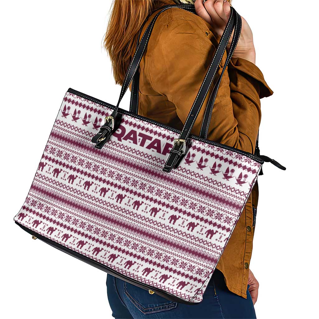 Qatar Christmas Leather Tote Bag with Maroon-White Pattern, National Emblem, and Camel Motif - Wonder Print Shop