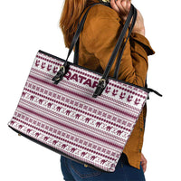 Qatar Christmas Leather Tote Bag with Maroon-White Pattern, National Emblem, and Camel Motif - Wonder Print Shop