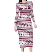 Qatar Christmas Long Sleeve Bodycon Dress with Maroon-White Pattern, National Emblem, and Camel Motif - Wonder Print Shop