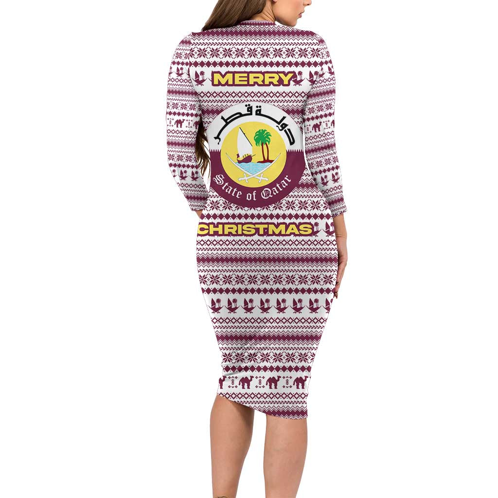 Qatar Christmas Long Sleeve Bodycon Dress with Maroon-White Pattern, National Emblem, and Camel Motif - Wonder Print Shop