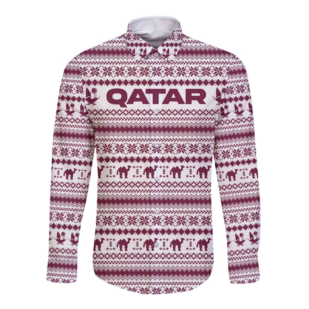 Qatar Christmas Long Sleeve Button Shirt with Maroon-White Pattern, National Emblem, and Camel Motif - Wonder Print Shop
