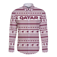Qatar Christmas Long Sleeve Button Shirt with Maroon-White Pattern, National Emblem, and Camel Motif - Wonder Print Shop