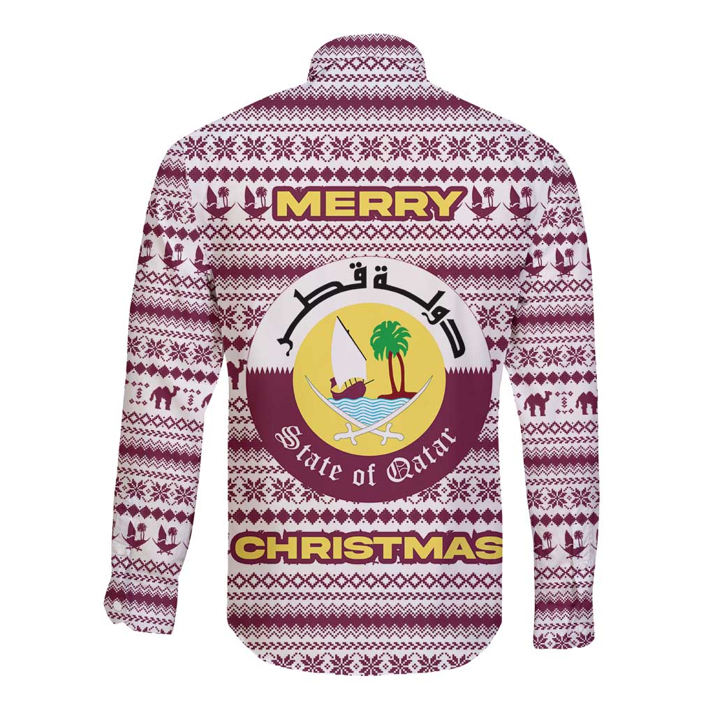 Qatar Christmas Long Sleeve Button Shirt with Maroon-White Pattern, National Emblem, and Camel Motif - Wonder Print Shop