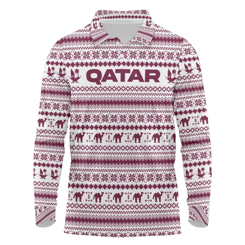 Qatar Christmas Long Sleeve Polo Shirt with Maroon-White Pattern, National Emblem, and Camel Motif - Wonder Print Shop