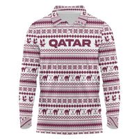 Qatar Christmas Long Sleeve Polo Shirt with Maroon-White Pattern, National Emblem, and Camel Motif - Wonder Print Shop