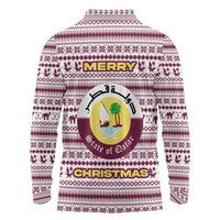 Qatar Christmas Long Sleeve Polo Shirt with Maroon-White Pattern, National Emblem, and Camel Motif - Wonder Print Shop