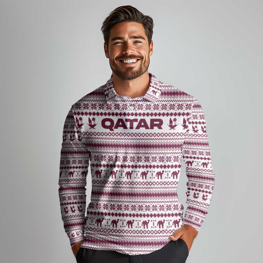 Qatar Christmas Long Sleeve Polo Shirt with Maroon-White Pattern, National Emblem, and Camel Motif - Wonder Print Shop