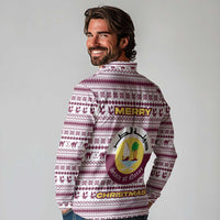 Qatar Christmas Long Sleeve Polo Shirt with Maroon-White Pattern, National Emblem, and Camel Motif - Wonder Print Shop